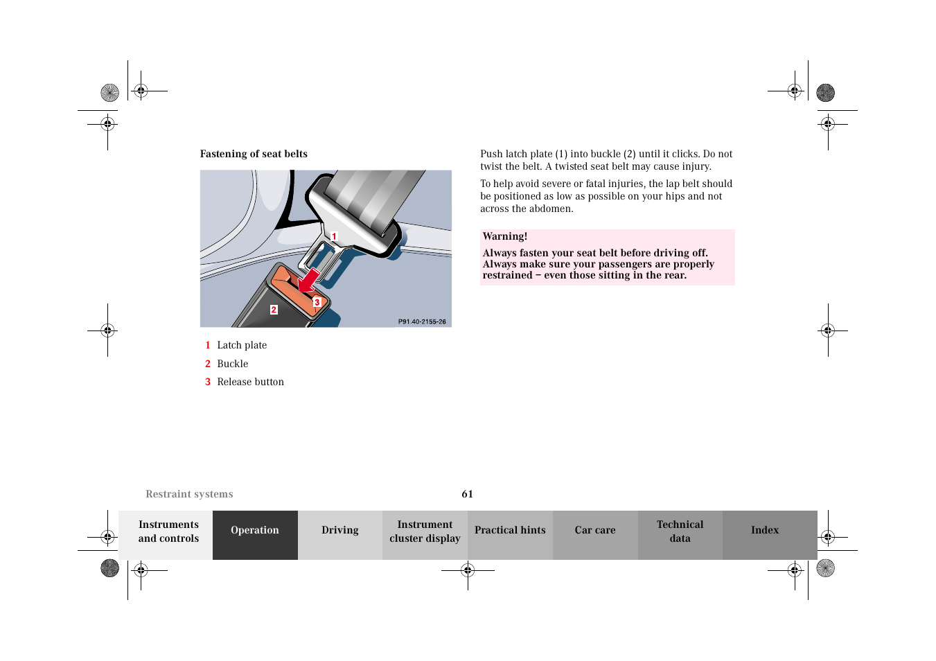 Seat belts:fastening | Mercedes-Benz 2002 E 55 AMG User Manual | Page 64 / 350