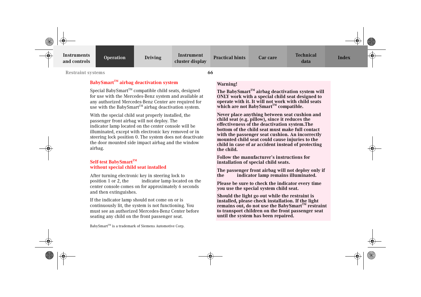 Babysmarttm airbag deactivation system, Babysmart, Self-test babysmart | Mercedes-Benz 2002 E 55 AMG User Manual | Page 69 / 350
