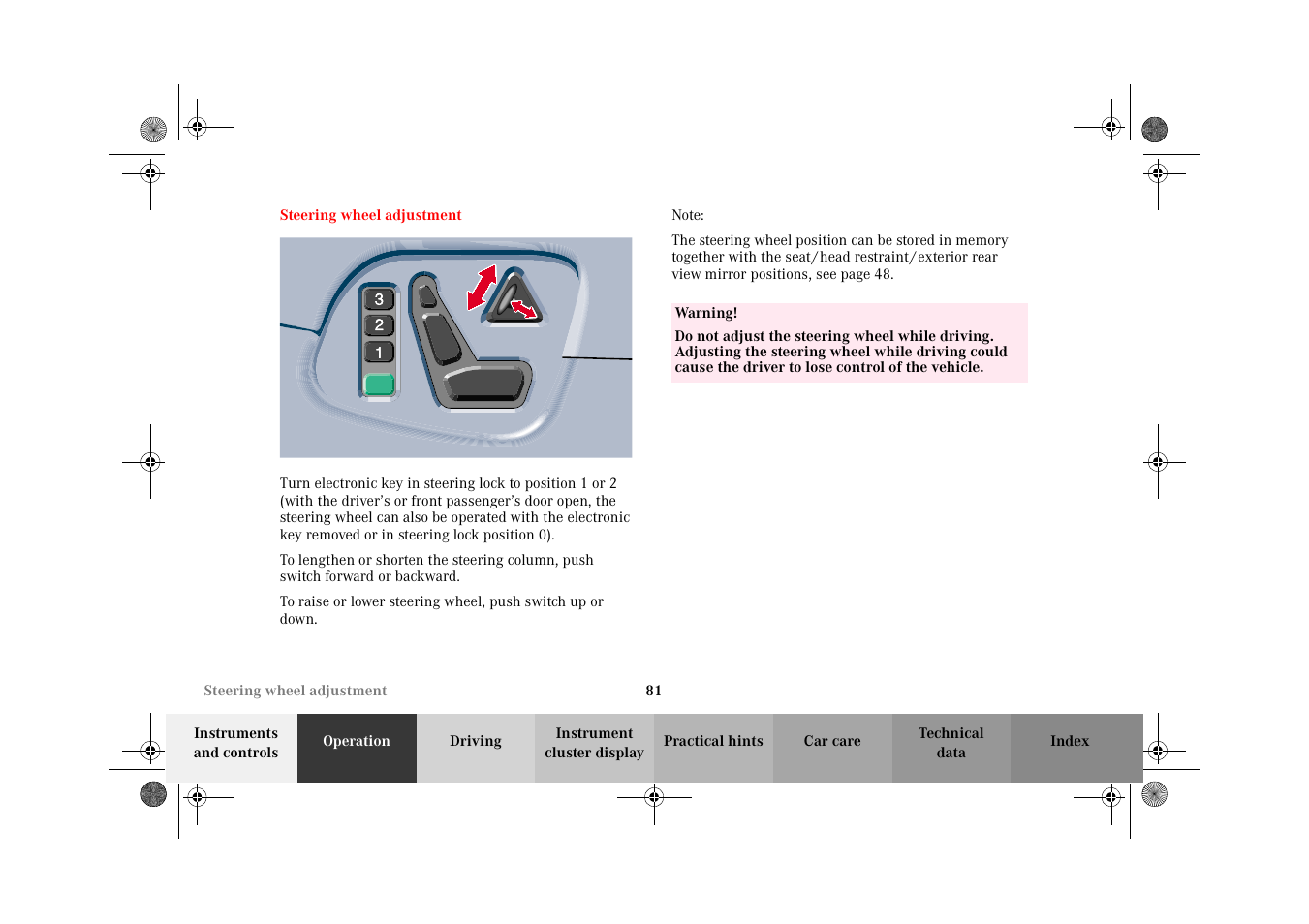 Steering wheel adjustment | Mercedes-Benz 2002 E 55 AMG User Manual | Page 84 / 350