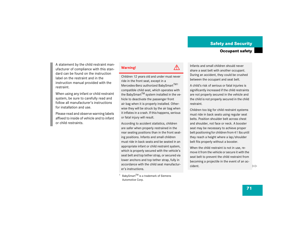 71 safety and security | Mercedes-Benz 2005 C 240 4MATIC User Manual | Page 73 / 426