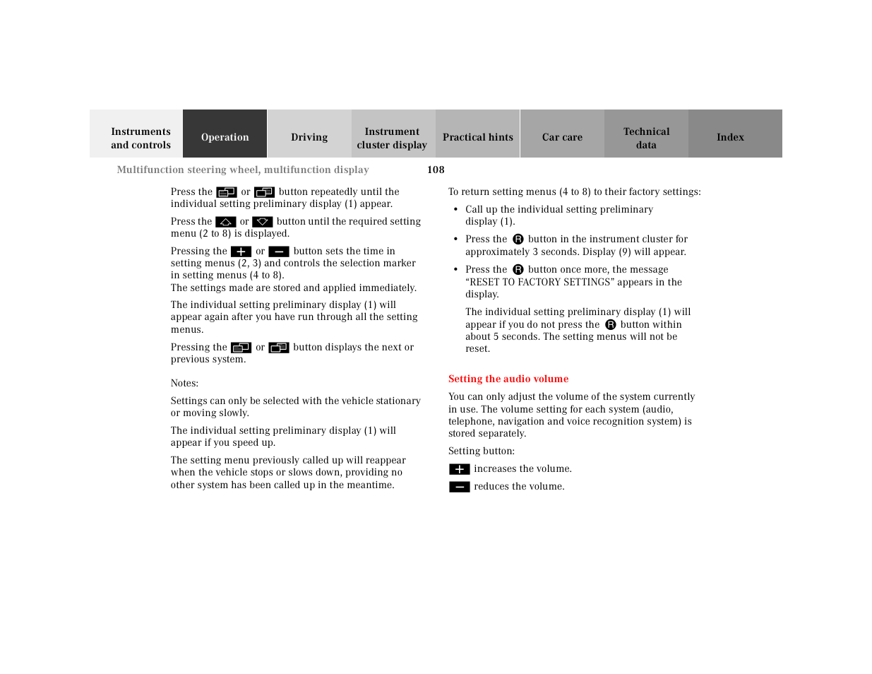 Setting the audio volume | Mercedes-Benz 2001 CLK-Class Cabriolet User Manual | Page 111 / 341