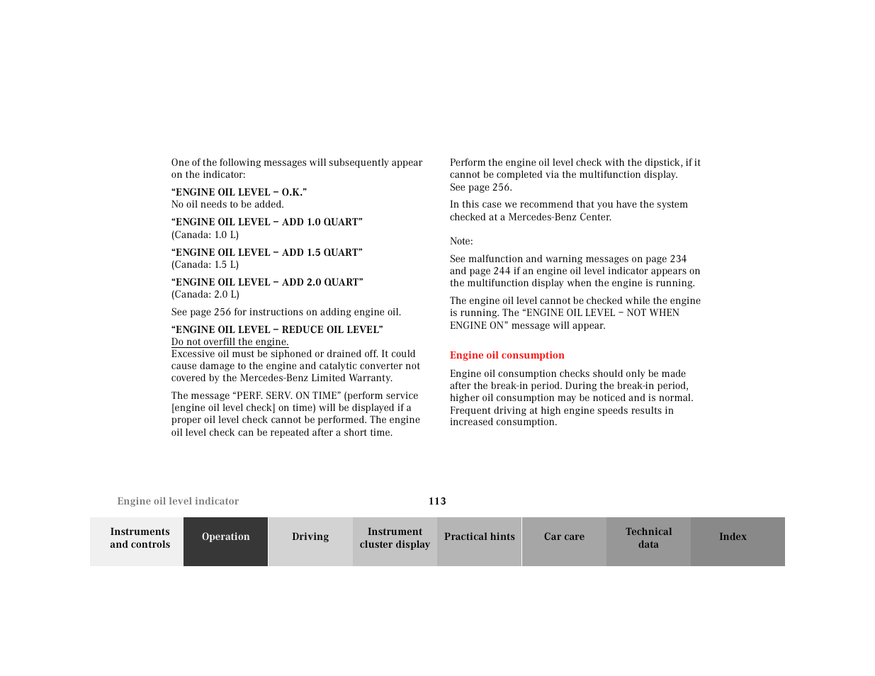 Engine oil consumption | Mercedes-Benz 2001 CLK-Class Cabriolet User Manual | Page 116 / 341