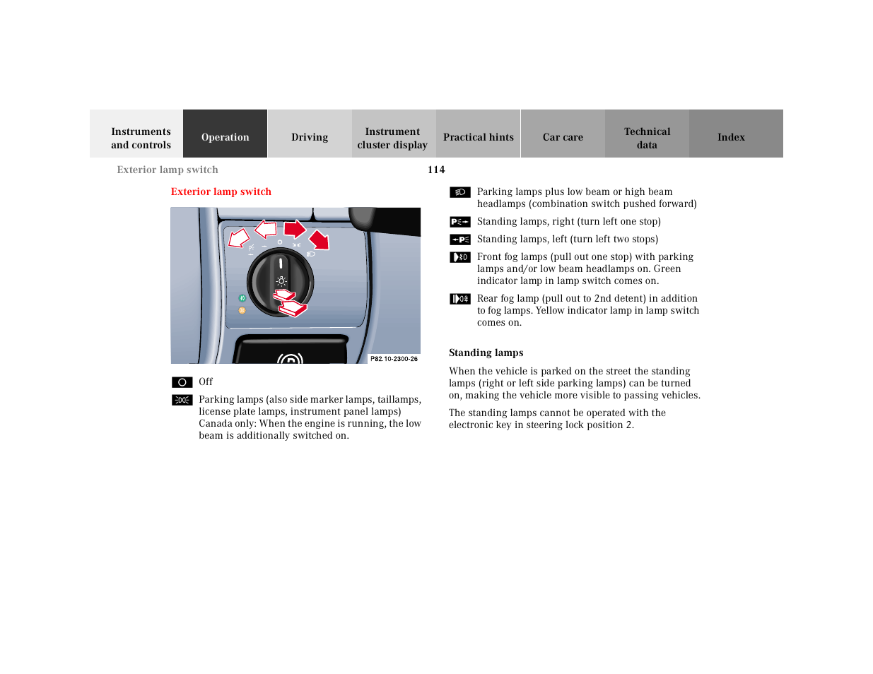 Exterior lamp switch | Mercedes-Benz 2001 CLK-Class Cabriolet User Manual | Page 117 / 341