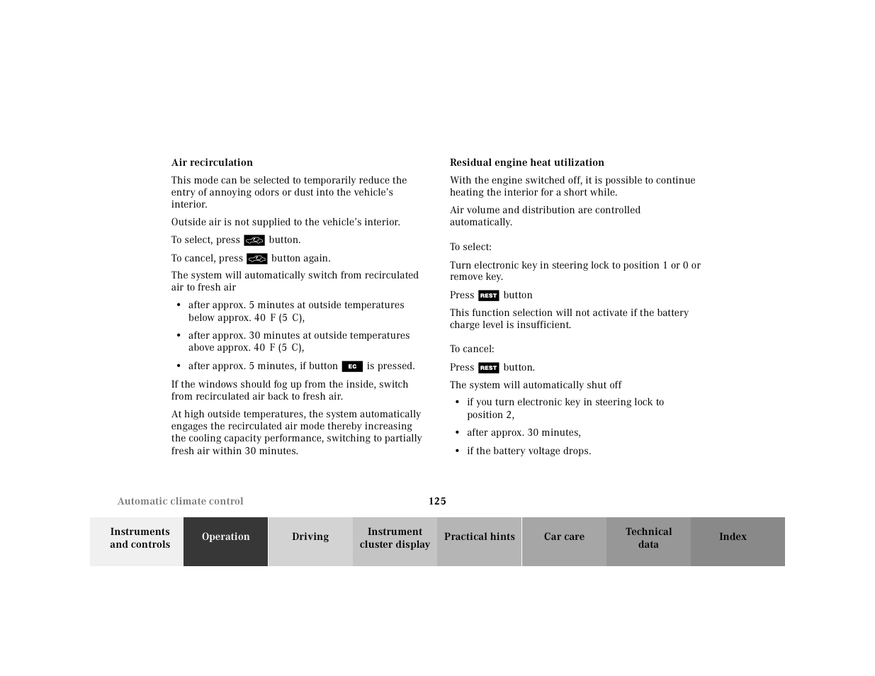 Air recirculation residual engine heat utilization | Mercedes-Benz 2001 CLK-Class Cabriolet User Manual | Page 128 / 341