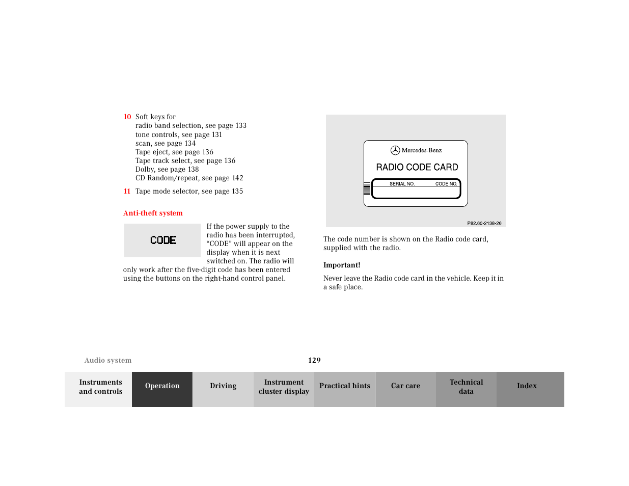 Audio system:anti-theft system | Mercedes-Benz 2001 CLK-Class Cabriolet User Manual | Page 132 / 341