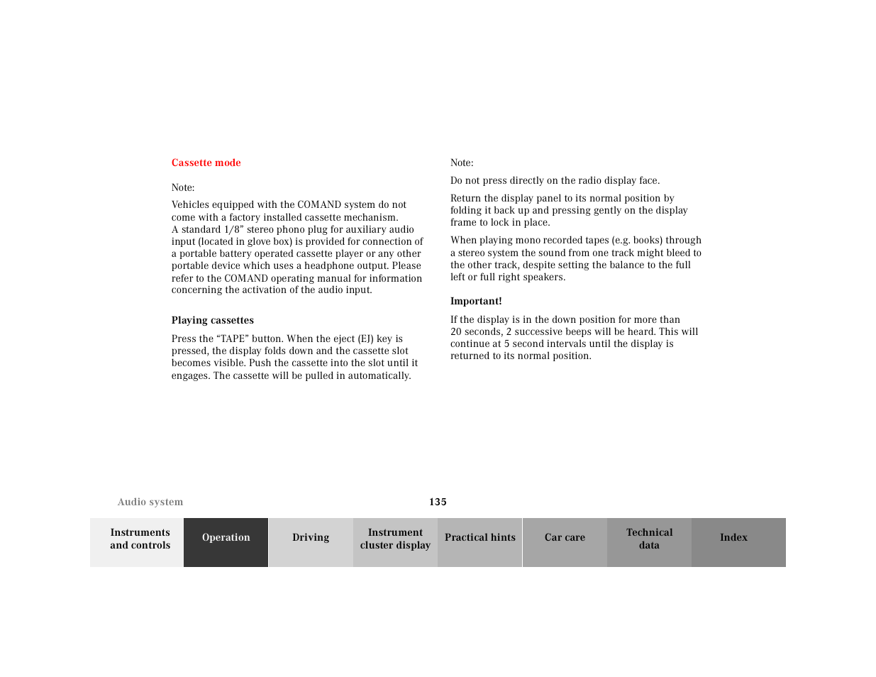 Audio system:cassette mode | Mercedes-Benz 2001 CLK-Class Cabriolet User Manual | Page 138 / 341