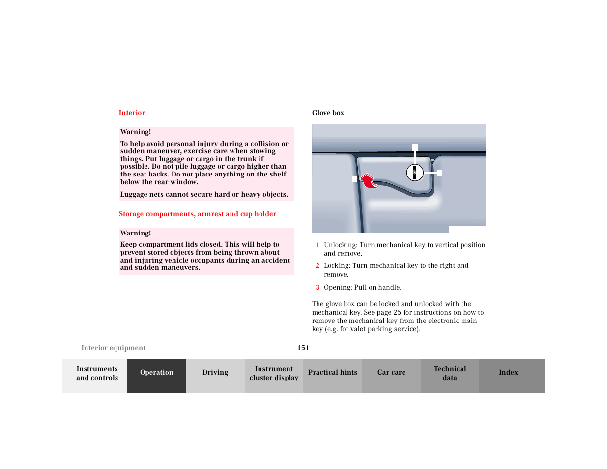 Interior:general notes, Storage compartments, armrest and cup holder, Interior storage compartments | Armrest and cup holder, Glove box | Mercedes-Benz 2001 CLK-Class Cabriolet User Manual | Page 154 / 341