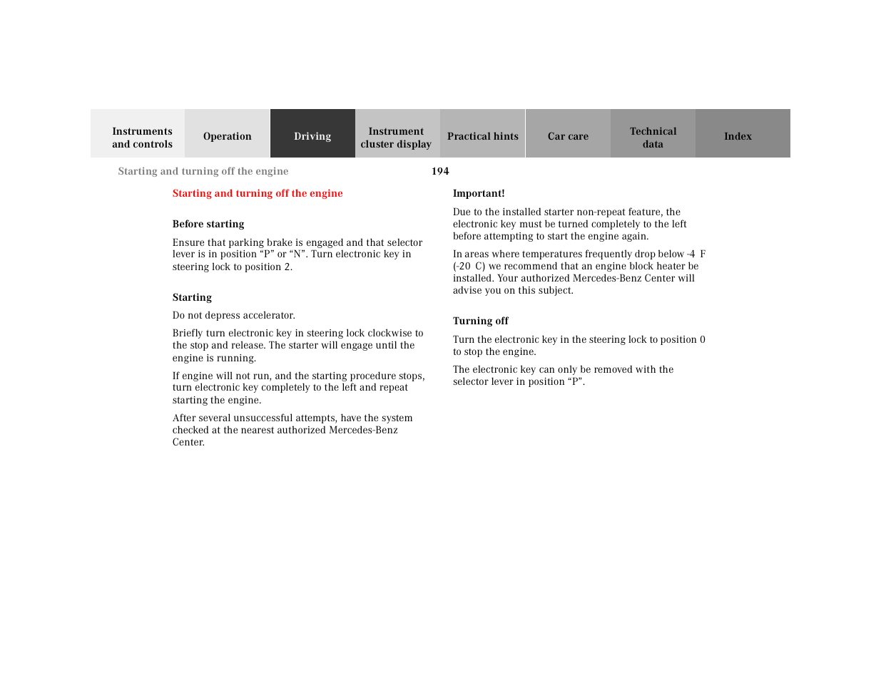 Starting and turning off the engine, Starting and turning off, The engine | Mercedes-Benz 2001 CLK-Class Cabriolet User Manual | Page 197 / 341