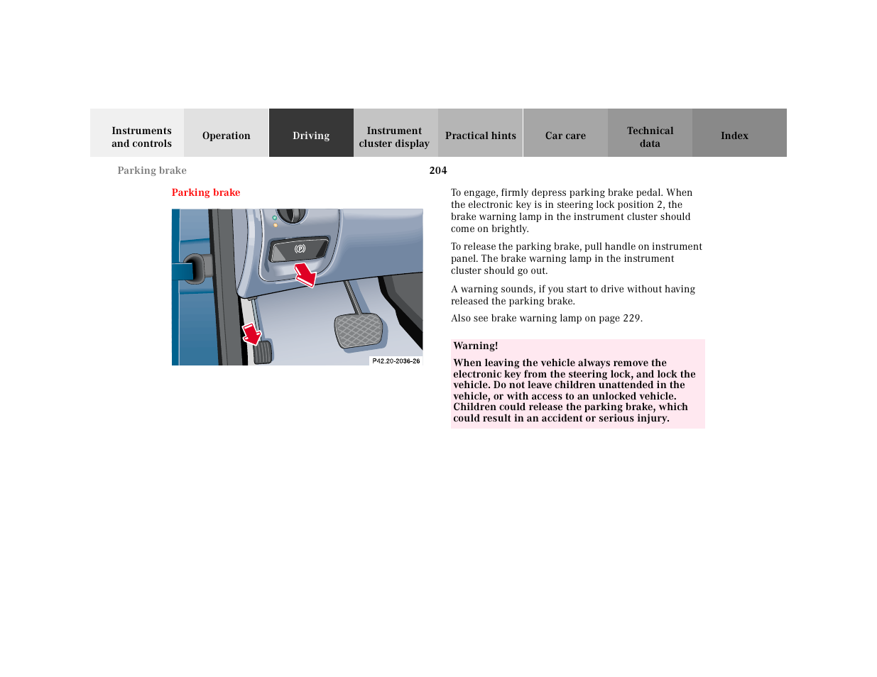 Parking brake | Mercedes-Benz 2001 CLK-Class Cabriolet User Manual | Page 207 / 341