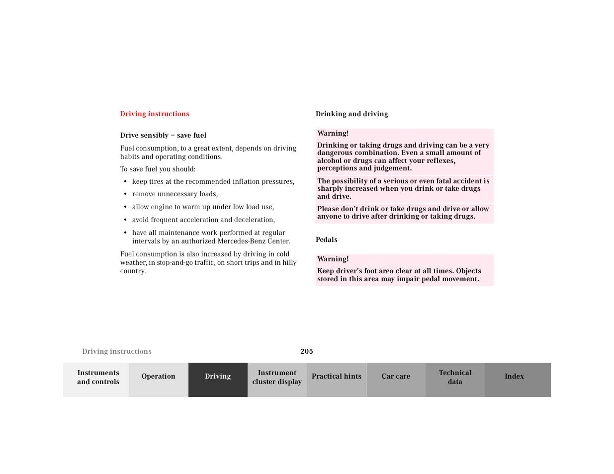 Driving instructions | Mercedes-Benz 2001 CLK-Class Cabriolet User Manual | Page 208 / 341