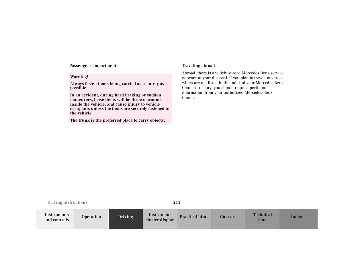 Passenger compartment traveling abroad | Mercedes-Benz 2001 CLK-Class Cabriolet User Manual | Page 216 / 341