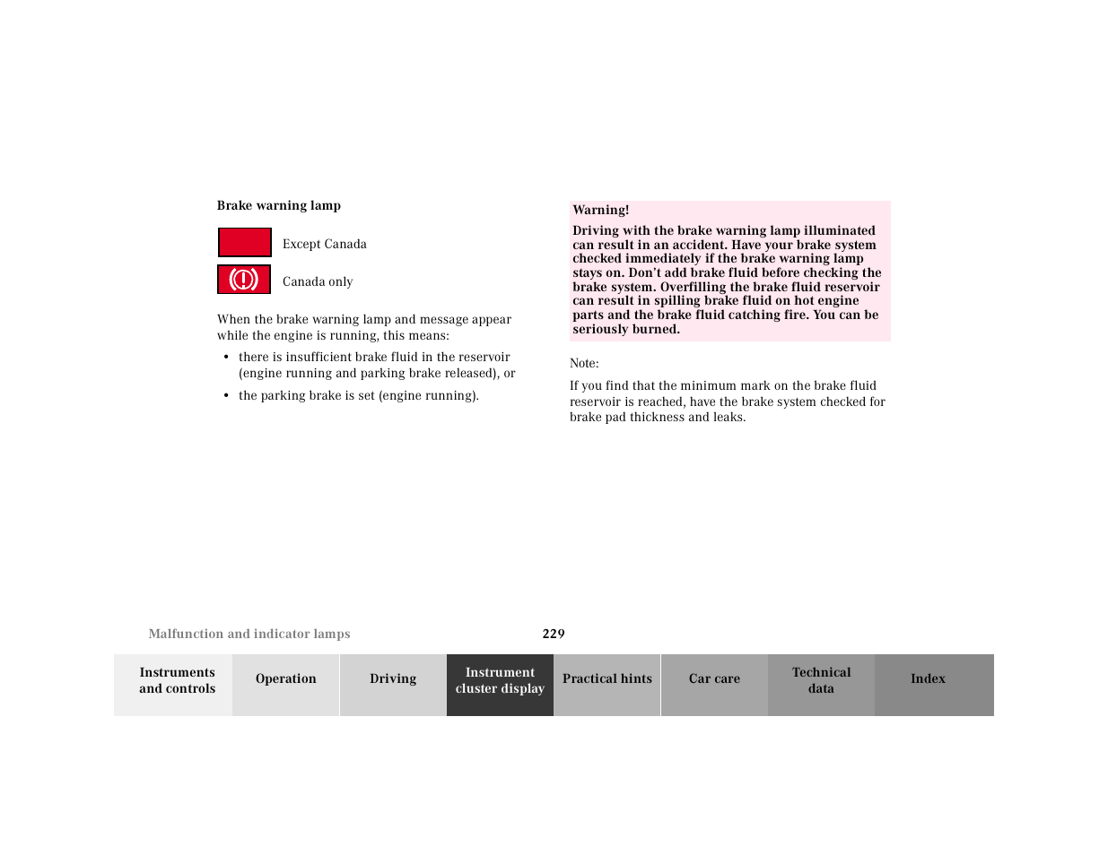 Brake warning lamp | Mercedes-Benz 2001 CLK-Class Cabriolet User Manual | Page 232 / 341