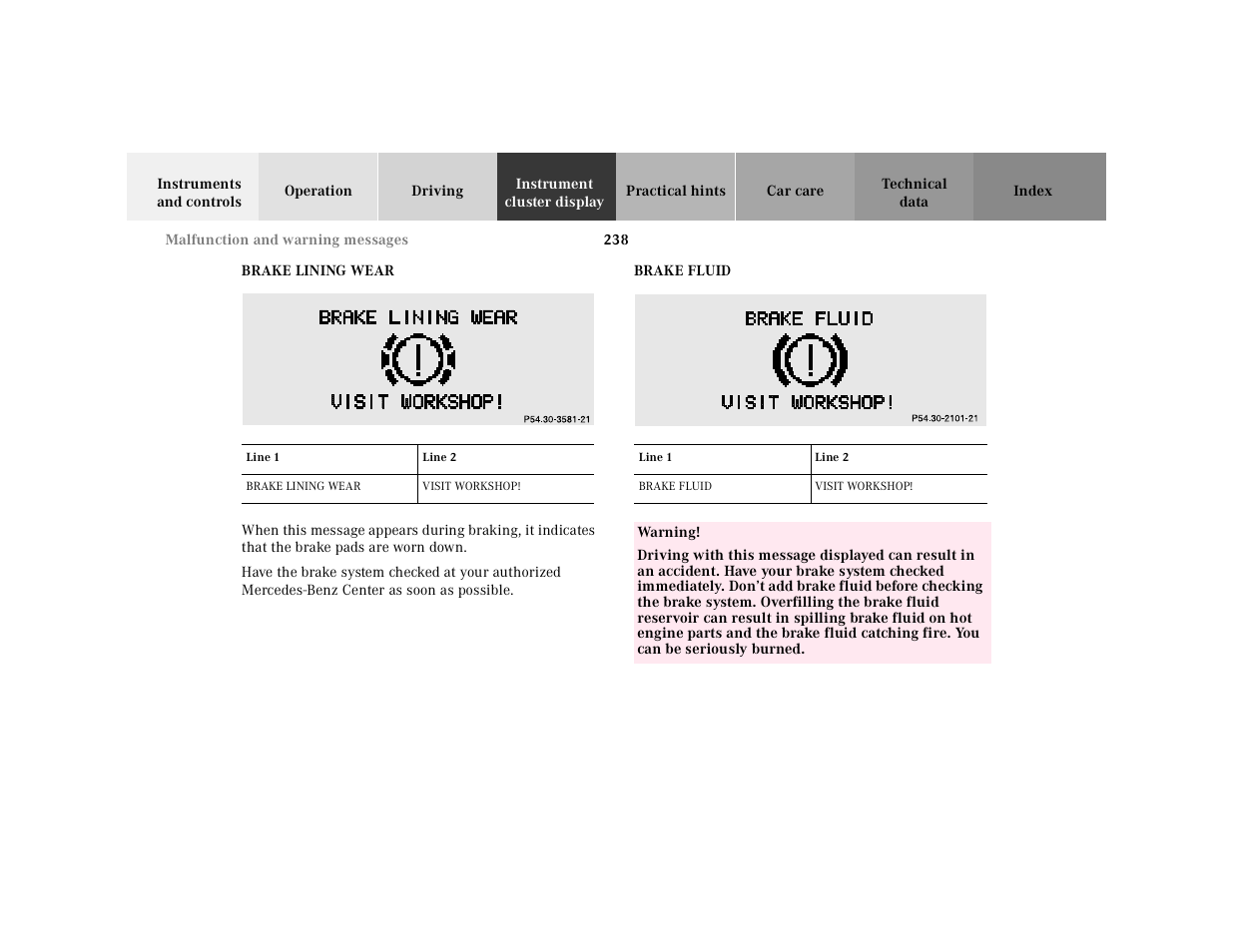 Brake lining wear brake fluid | Mercedes-Benz 2001 CLK-Class Cabriolet User Manual | Page 241 / 341