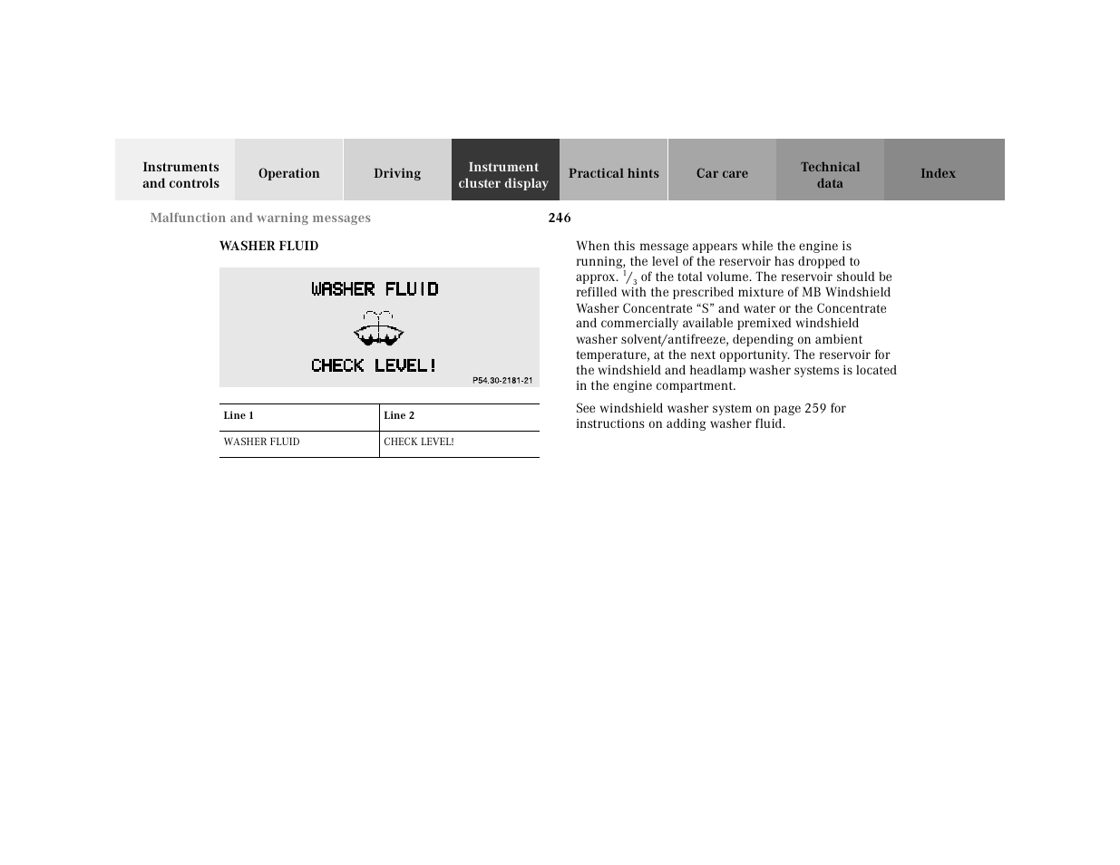 Washer fluid | Mercedes-Benz 2001 CLK-Class Cabriolet User Manual | Page 249 / 341