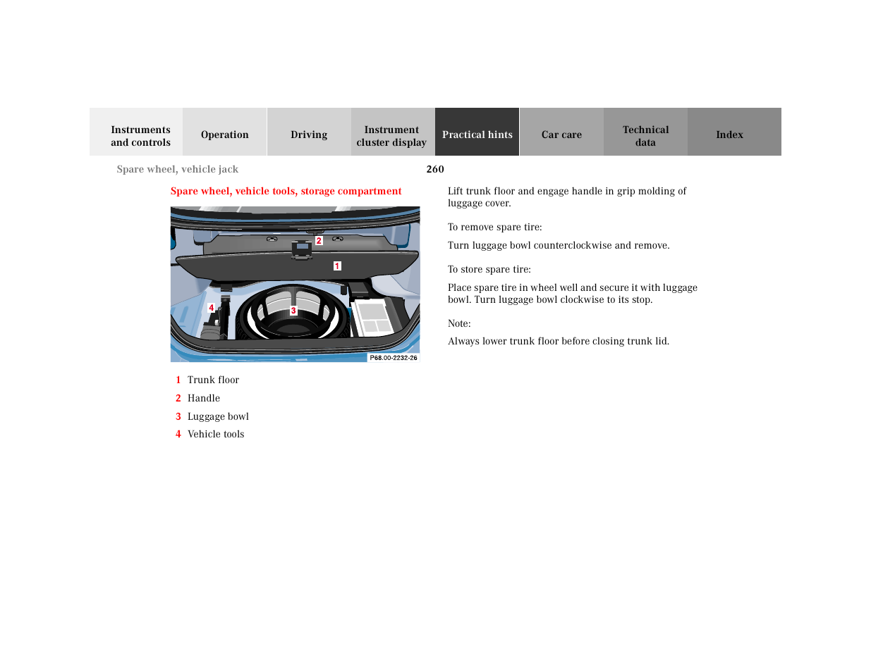 Spare wheel, Spare wheel, vehicle tools, Storage compartment | Mercedes-Benz 2001 CLK-Class Cabriolet User Manual | Page 263 / 341