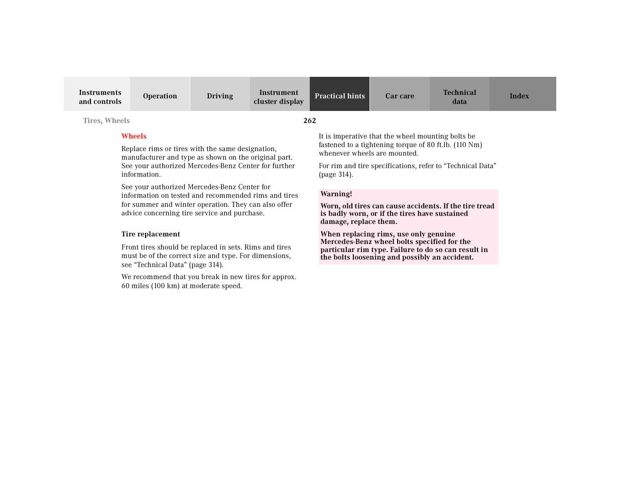 Wheels, Tire replacement | Mercedes-Benz 2001 CLK-Class Cabriolet User Manual | Page 265 / 341