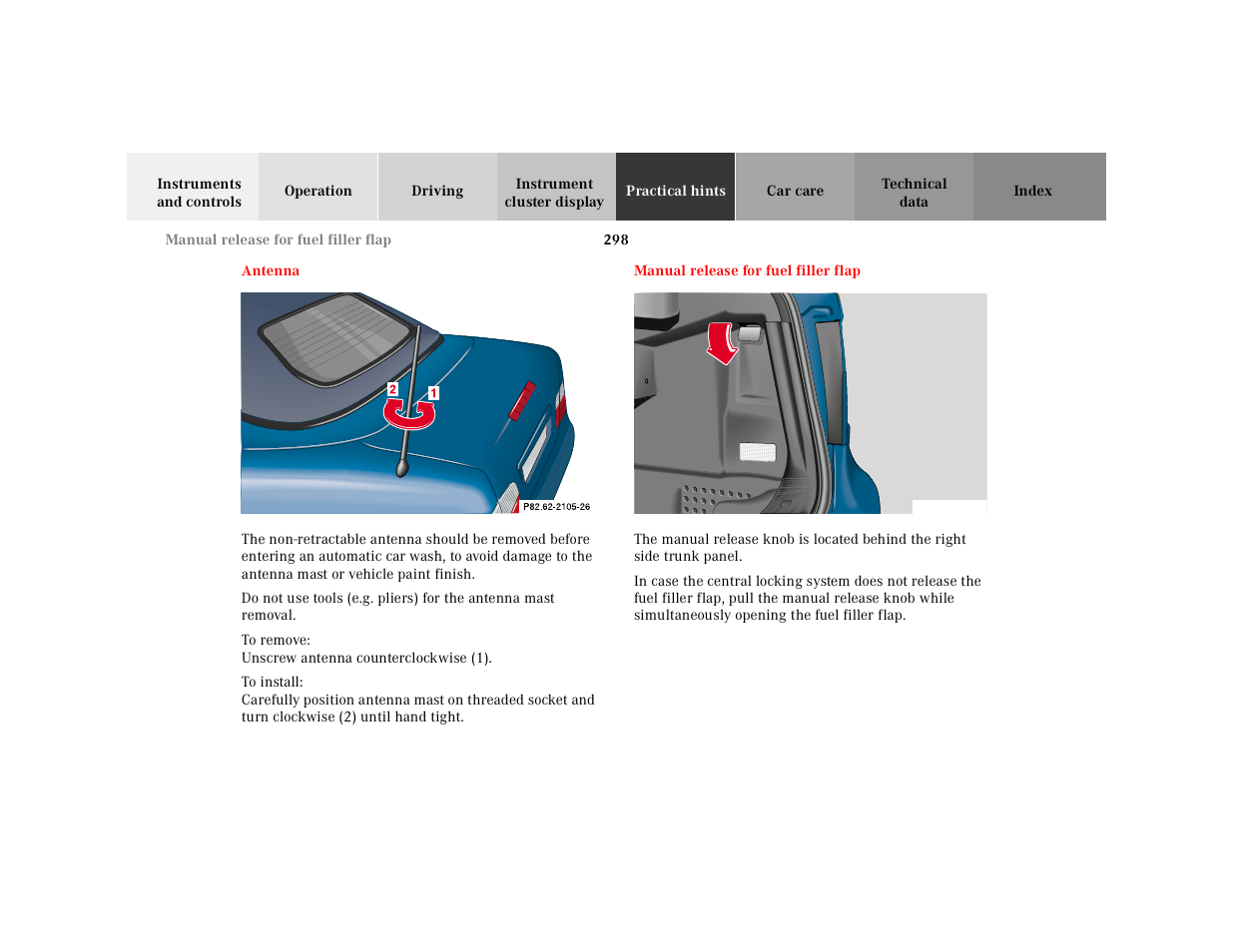 Antenna:removal, Manual release for fuel filler flap, Antenna manual release for | Fuel filler flap | Mercedes-Benz 2001 CLK-Class Cabriolet User Manual | Page 301 / 341