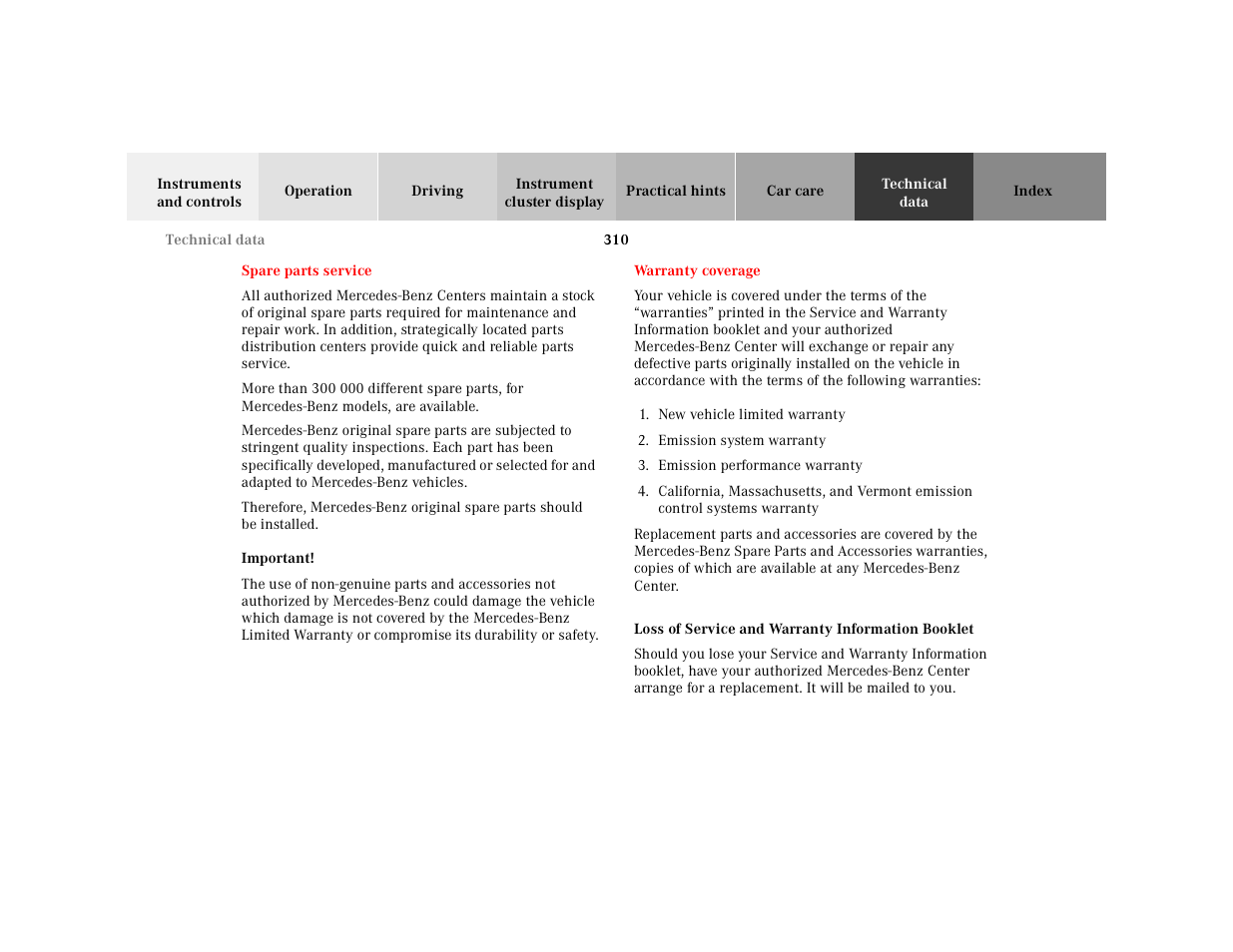 Technical data, Warranty coverage, Spare parts service warranty coverage | Mercedes-Benz 2001 CLK-Class Cabriolet User Manual | Page 313 / 341