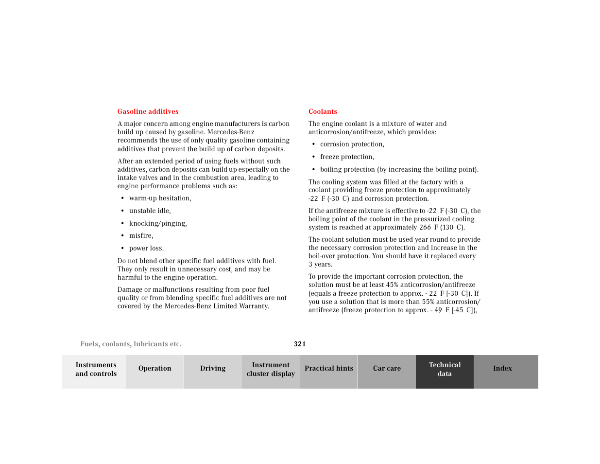 Gasoline additives, Coolants, Gasoline additives coolants | Mercedes-Benz 2001 CLK-Class Cabriolet User Manual | Page 324 / 341