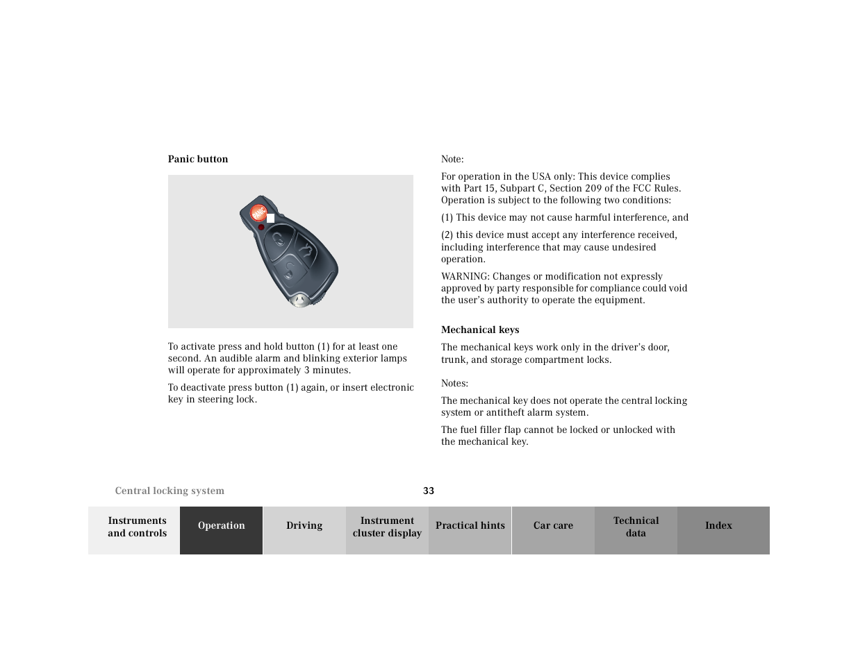 Panic button mechanical keys | Mercedes-Benz 2001 CLK-Class Cabriolet User Manual | Page 36 / 341