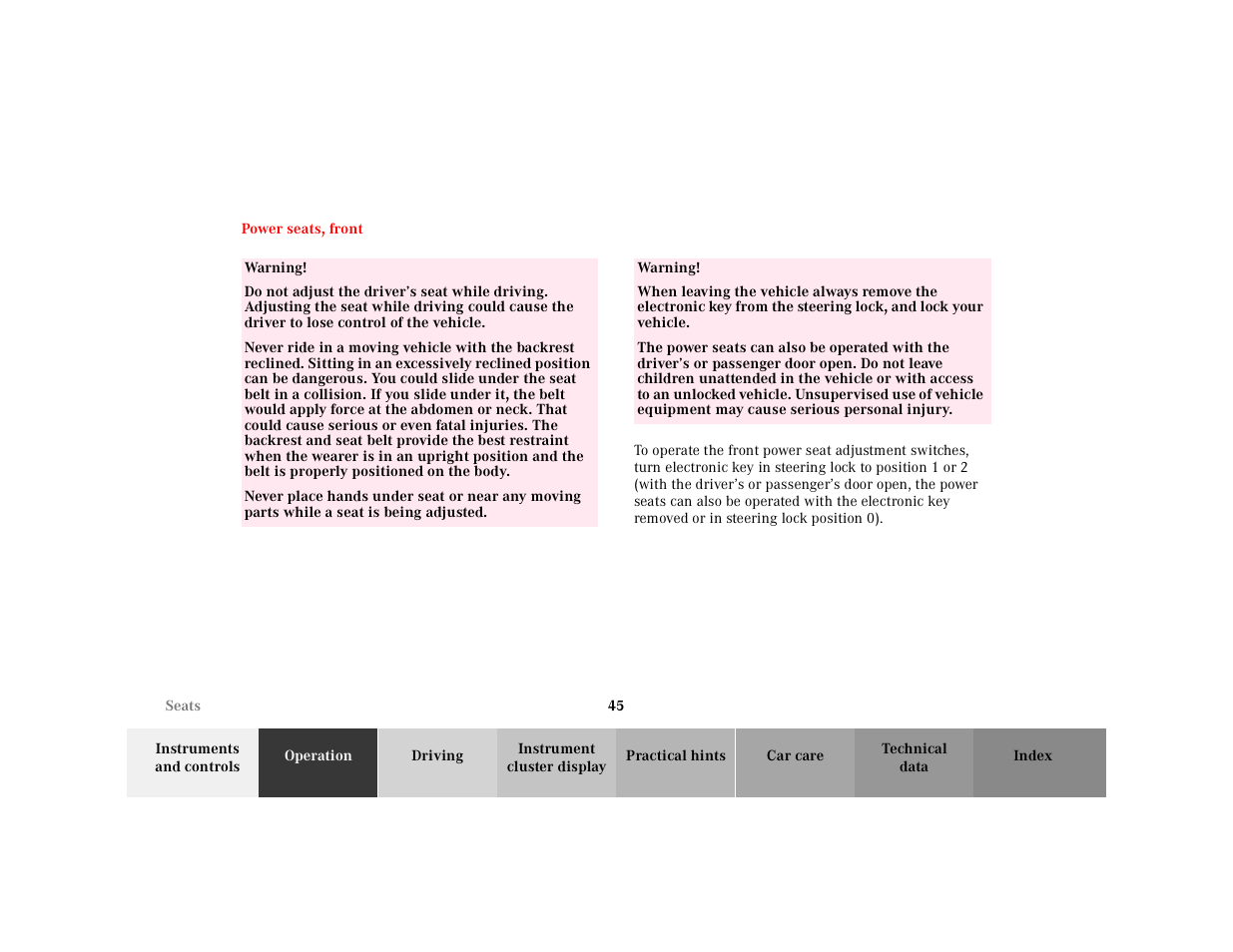 Power seats, front | Mercedes-Benz 2001 CLK-Class Cabriolet User Manual | Page 48 / 341