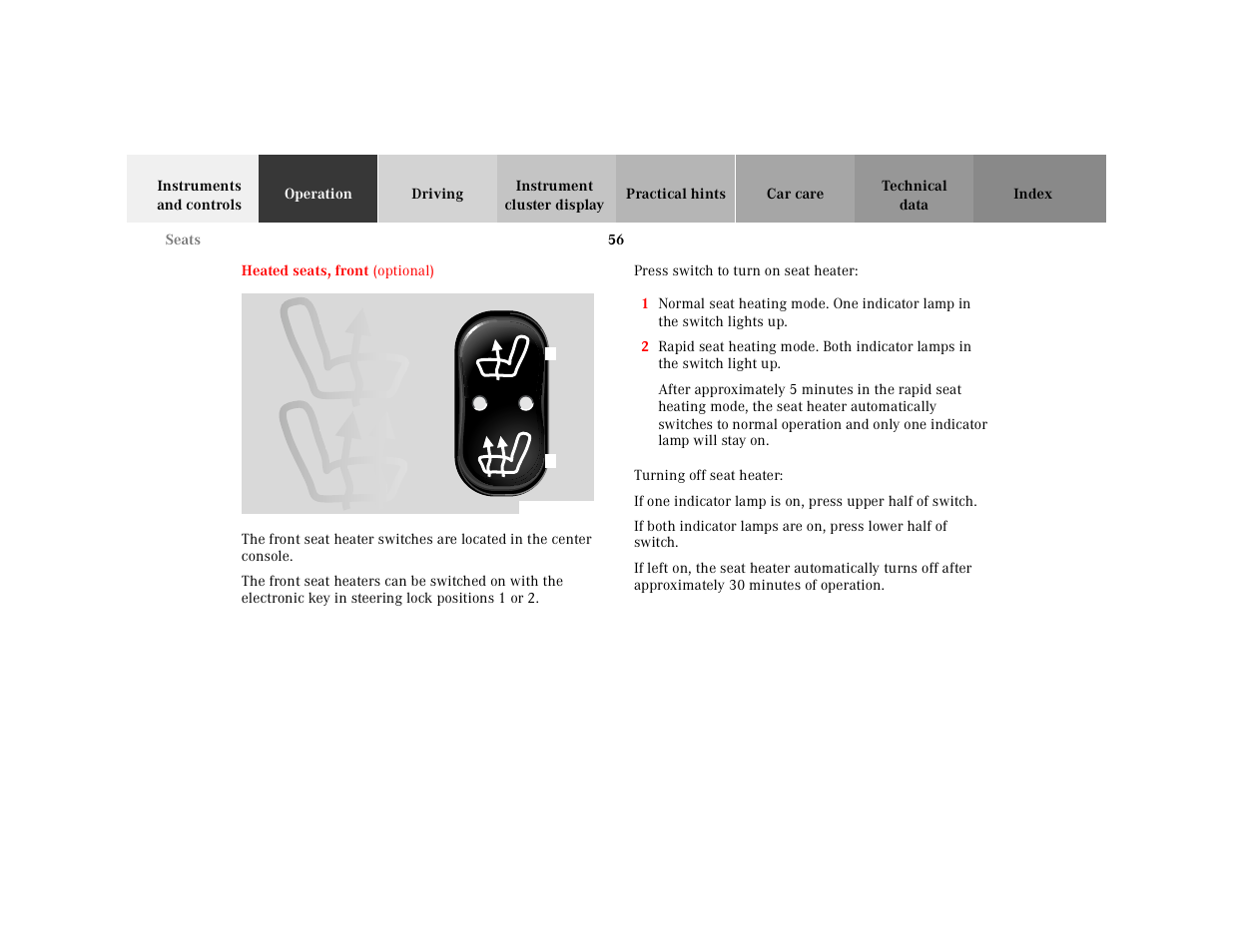 Heated seats | Mercedes-Benz 2001 CLK-Class Cabriolet User Manual | Page 59 / 341