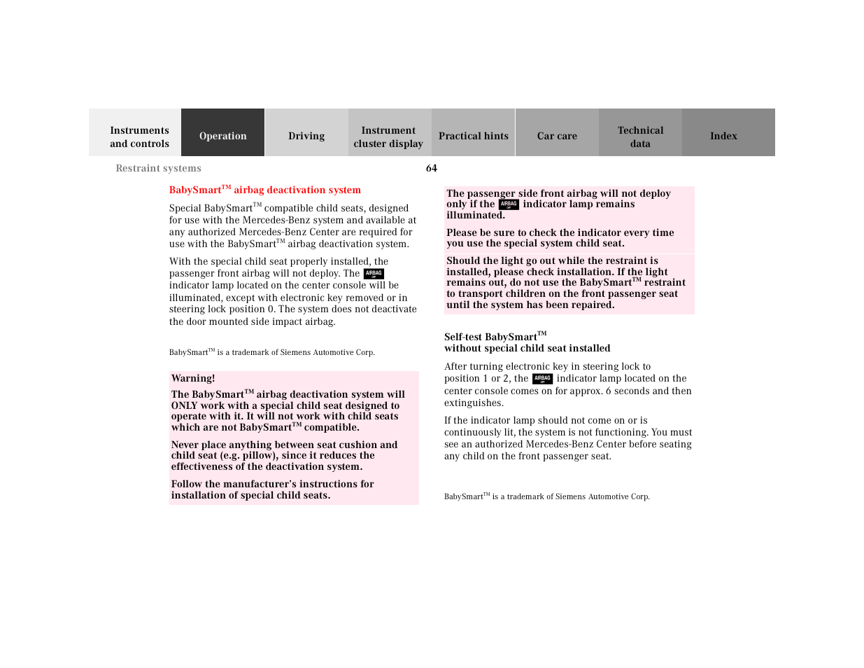 Babysmarttm airbag deactivation system, Babysmart, Self-test babysmart | Mercedes-Benz 2001 CLK-Class Cabriolet User Manual | Page 67 / 341