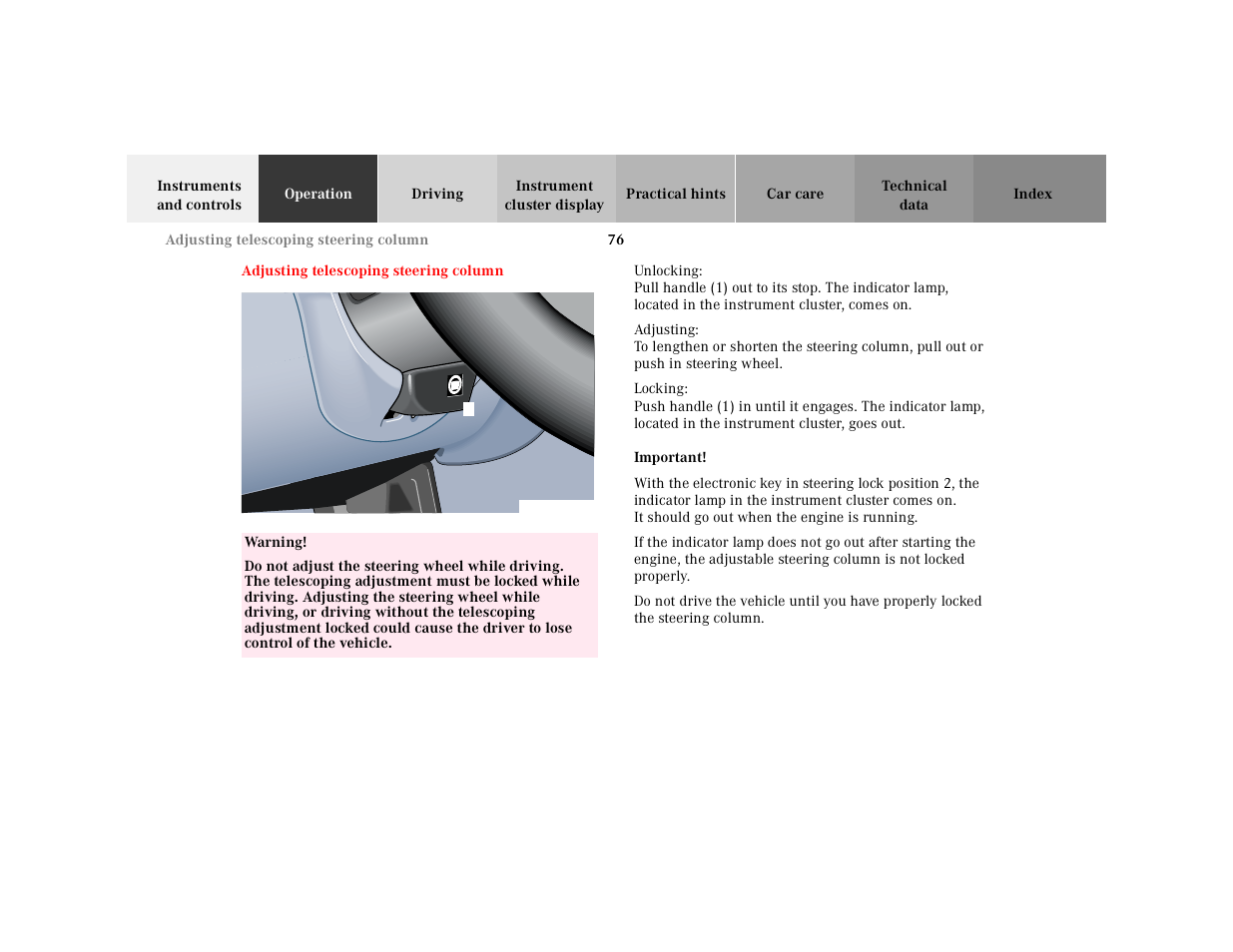 Adjusting telescoping steering column, Adjusting telescoping, Steering column | Mercedes-Benz 2001 CLK-Class Cabriolet User Manual | Page 79 / 341