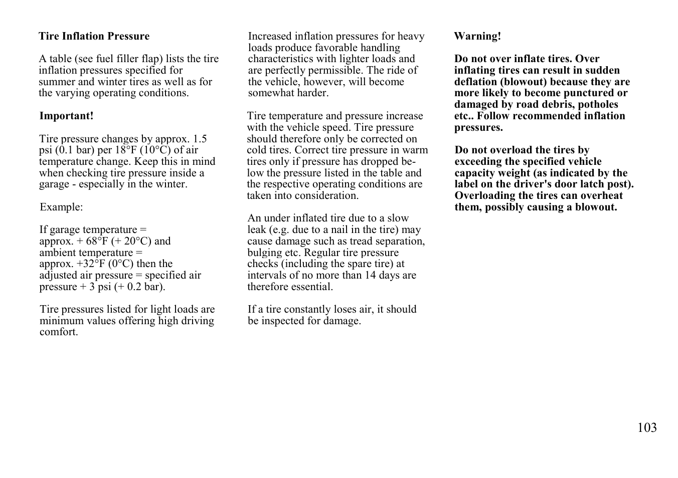 Tire inflation pressure | Mercedes-Benz BENZ-VEHICLES S 500 User Manual | Page 103 / 144