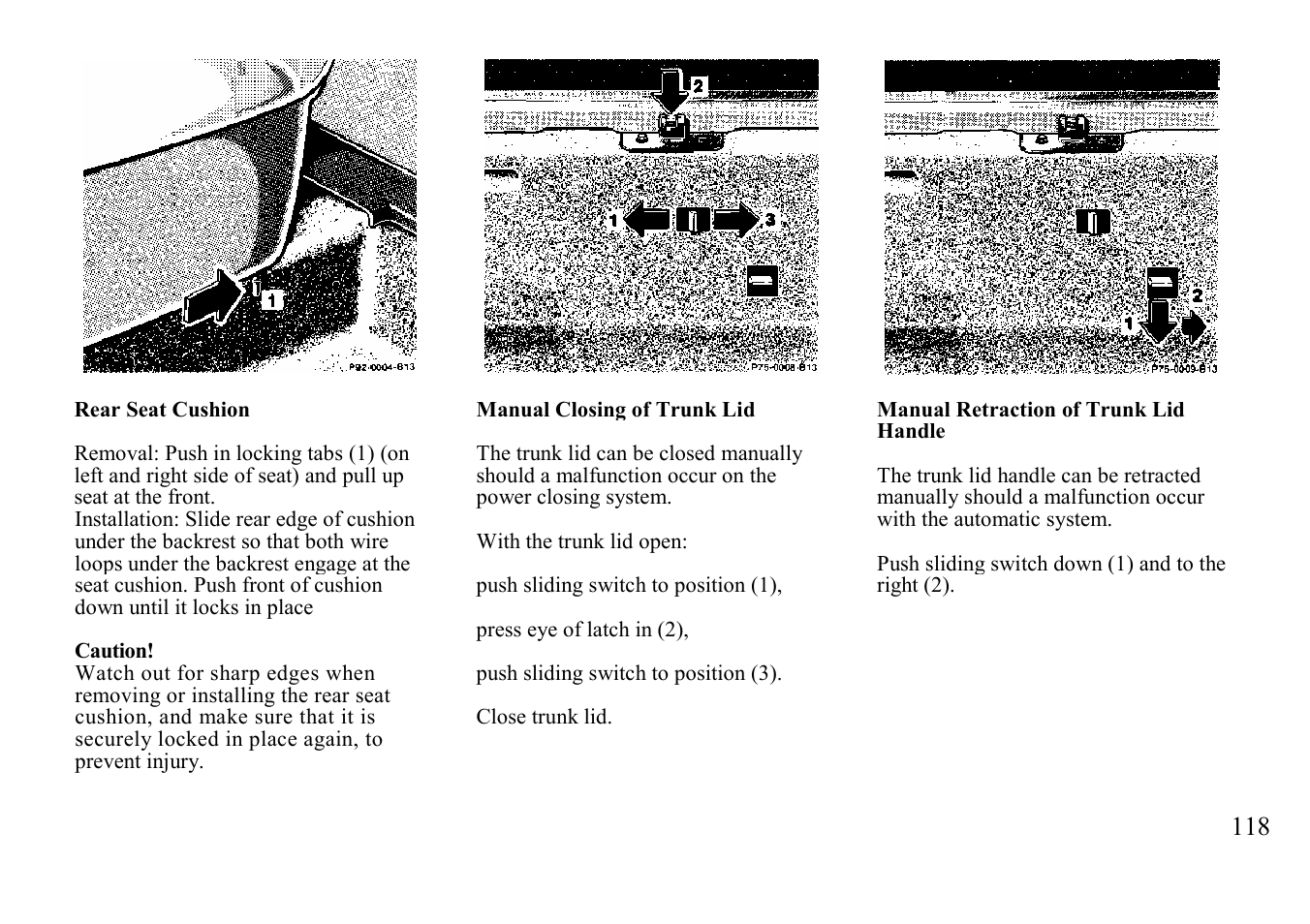 Rear seat cushion, Manual closing of trunk lid | Mercedes-Benz BENZ-VEHICLES S 500 User Manual | Page 118 / 144