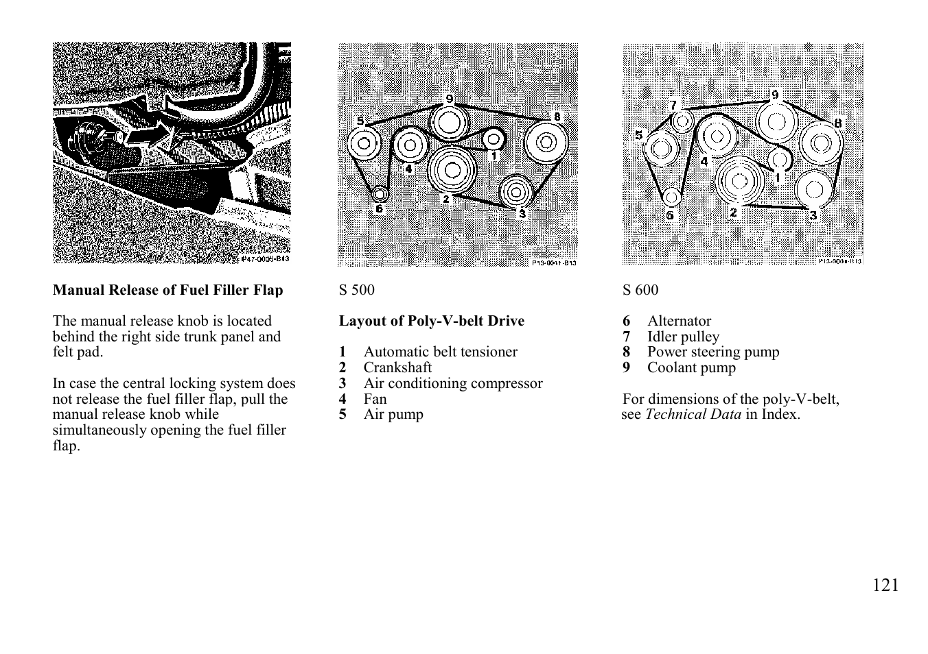 Manual release of fuel filler flap | Mercedes-Benz BENZ-VEHICLES S 500 User Manual | Page 121 / 144