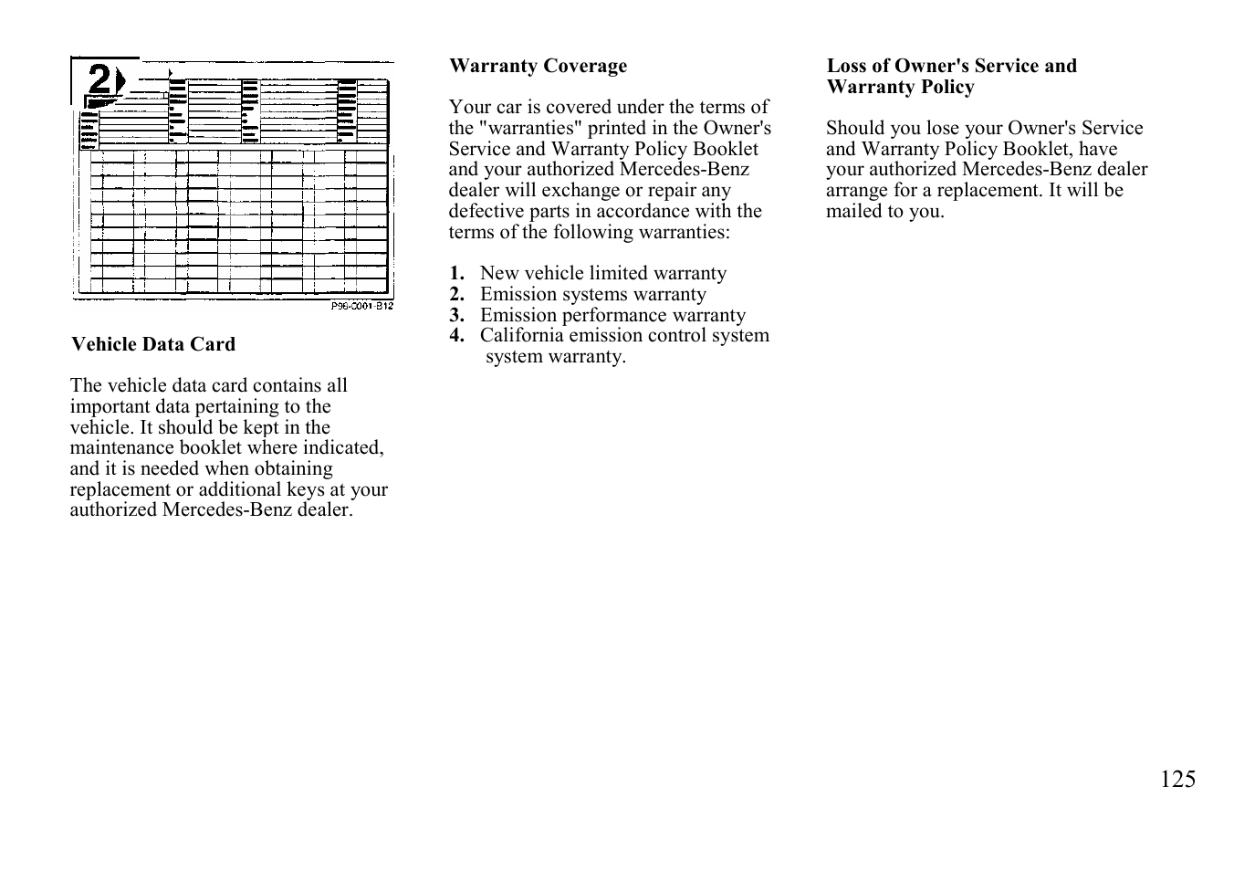 Vehicle data card, Warranty coverage | Mercedes-Benz BENZ-VEHICLES S 500 User Manual | Page 125 / 144