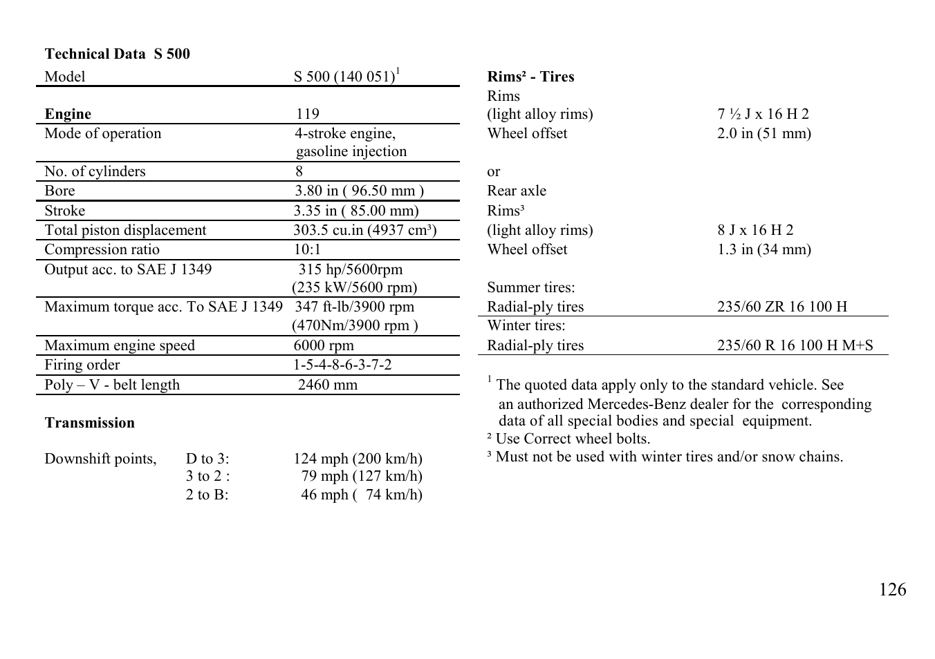 Technical data, S 500 | Mercedes-Benz BENZ-VEHICLES S 500 User Manual | Page 126 / 144