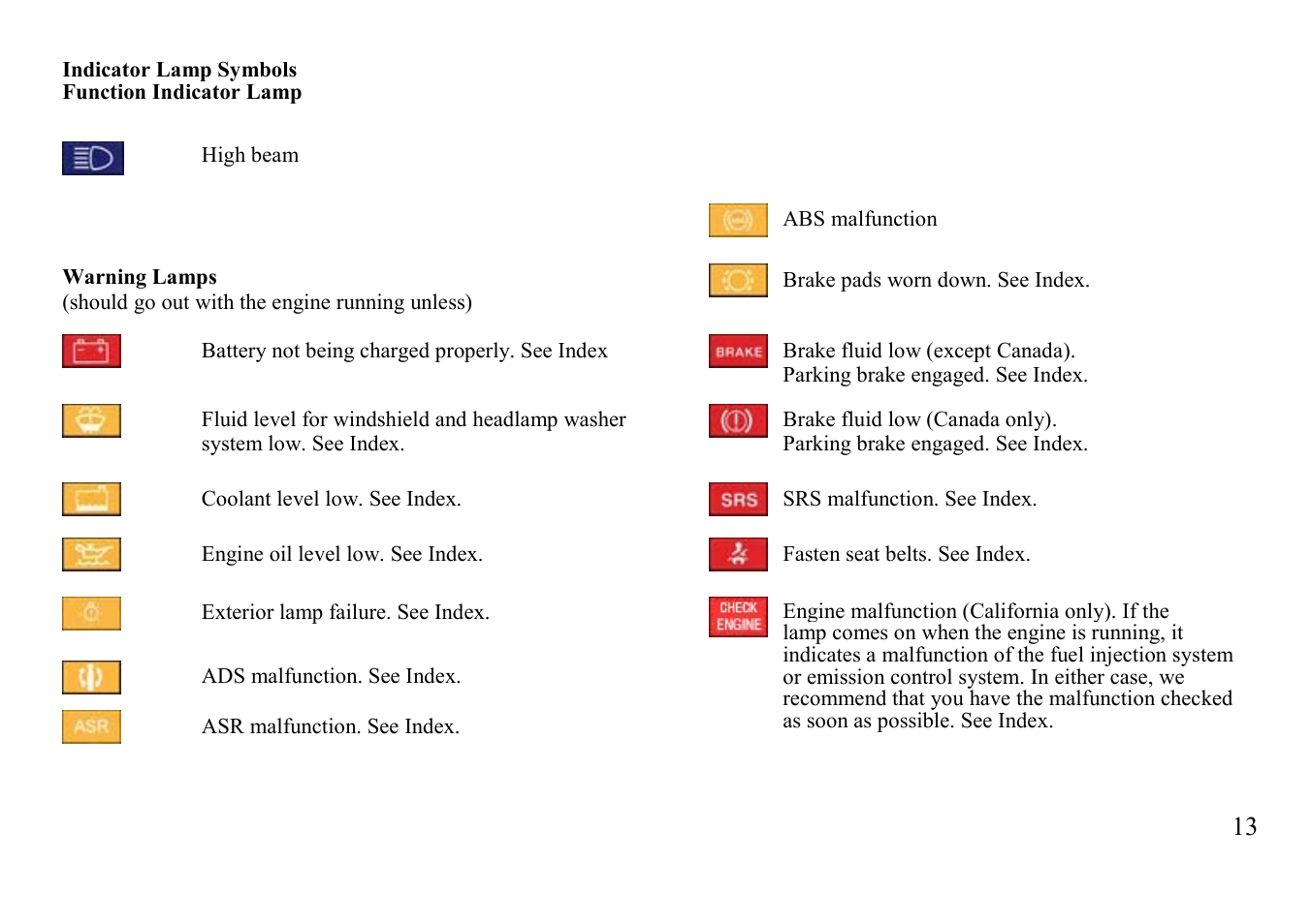 Indicator lamp symbols | Mercedes-Benz BENZ-VEHICLES S 500 User Manual | Page 13 / 144