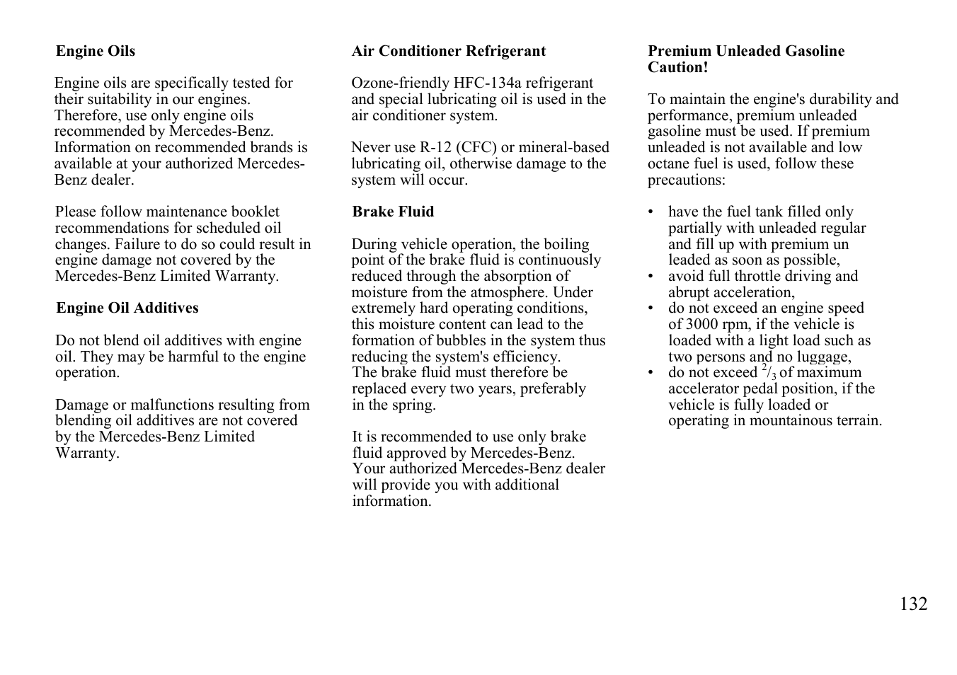 Capacities, Engine oils, Engine oils additives | Brake fluid, Premium unleaded gasoline | Mercedes-Benz BENZ-VEHICLES S 500 User Manual | Page 132 / 144