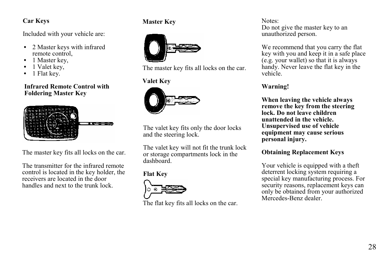 Car keys | Mercedes-Benz BENZ-VEHICLES S 500 User Manual | Page 28 / 144