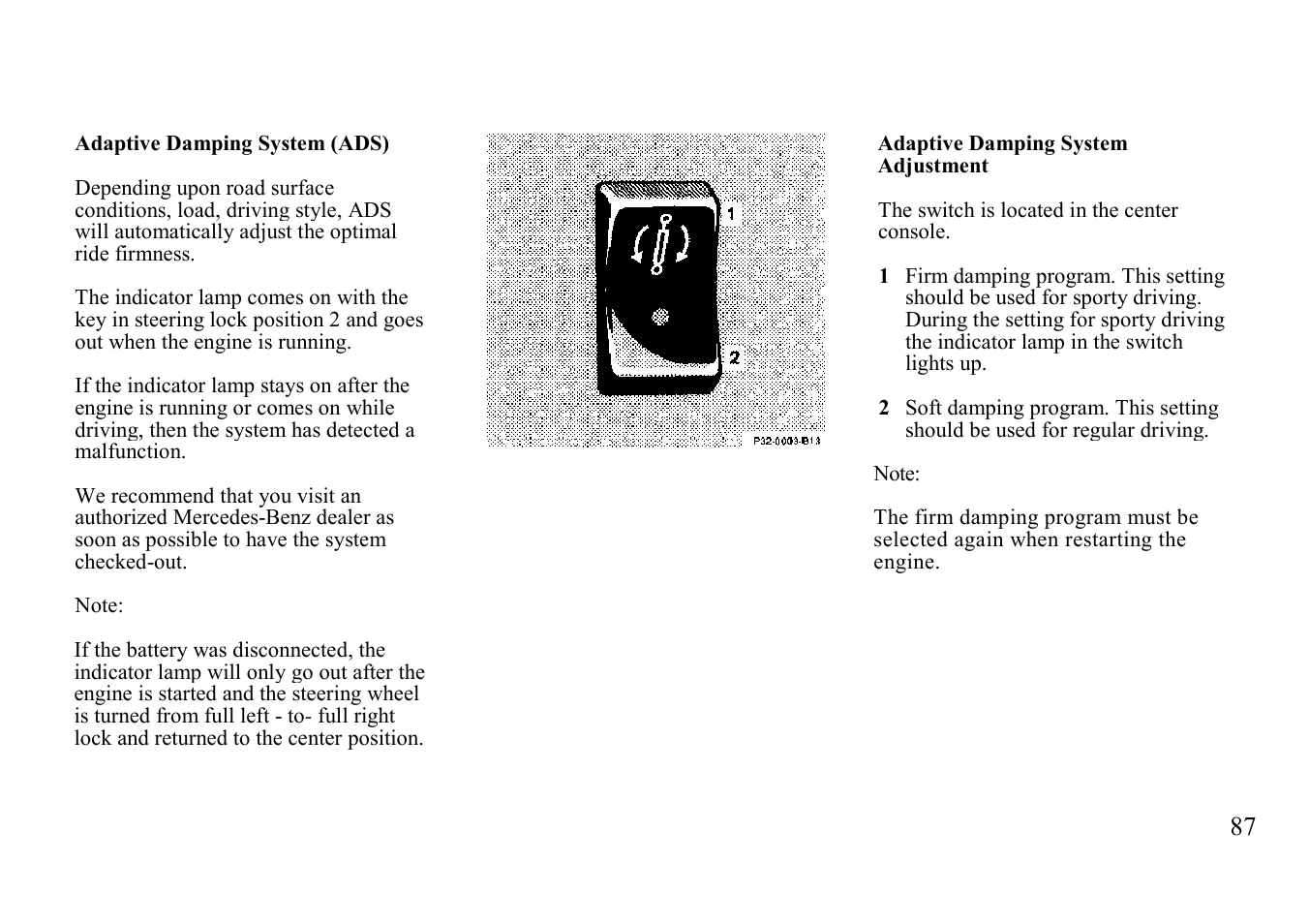 Adaptive damping system (ads) | Mercedes-Benz BENZ-VEHICLES S 500 User Manual | Page 87 / 144