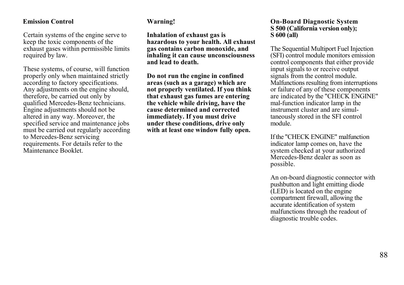 Emission control, On-board diagnostic system, Snow chains | Mercedes-Benz BENZ-VEHICLES S 500 User Manual | Page 88 / 144