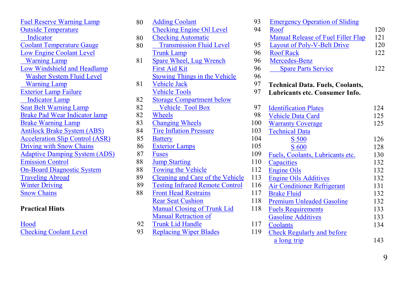 Mercedes-Benz BENZ-VEHICLES S 500 User Manual | Page 9 / 144