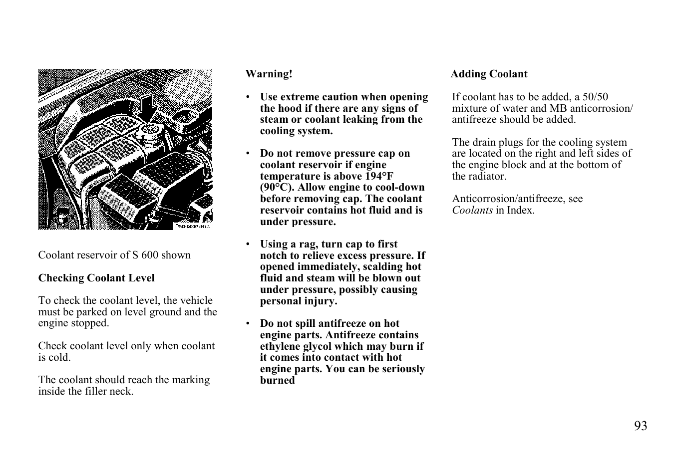 Adding coolant, Checking coolant level | Mercedes-Benz BENZ-VEHICLES S 500 User Manual | Page 93 / 144