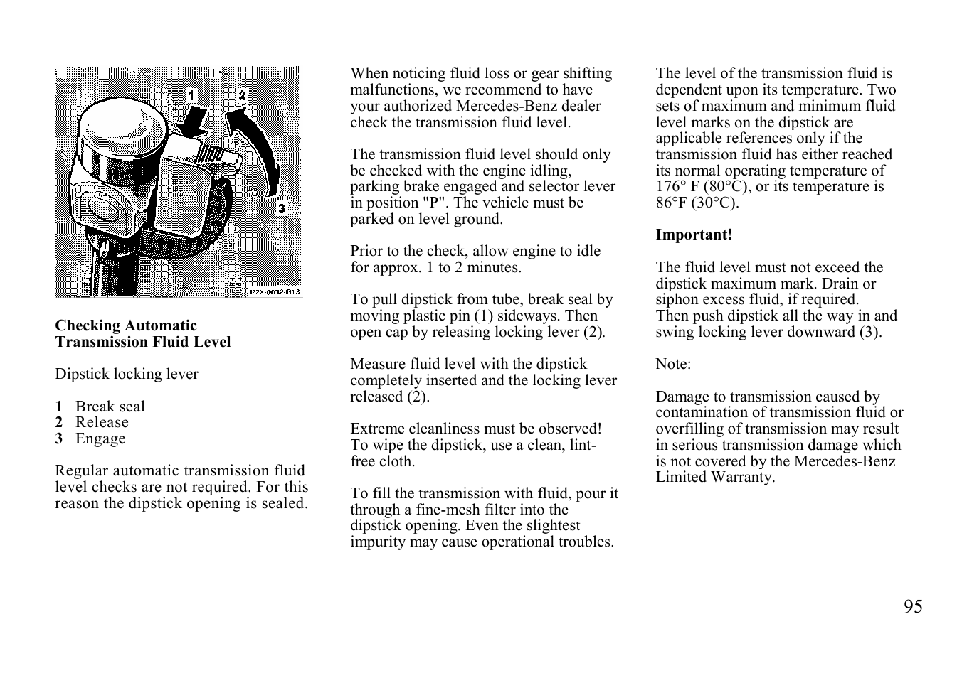 Checking automatic, Transmission fluid level | Mercedes-Benz BENZ-VEHICLES S 500 User Manual | Page 95 / 144