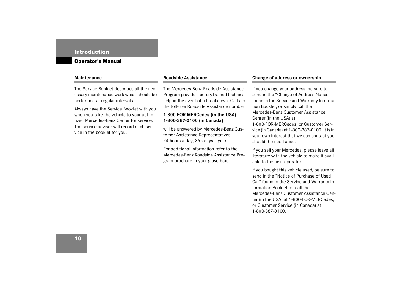 Maintenance, Roadside assistance, Change of address or ownership | Mercedes-Benz 2003 SL 55 AMG User Manual | Page 10 / 376