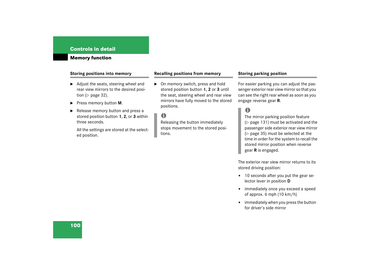 Storing positions into memory, Recalling positions from memory | Mercedes-Benz 2003 SL 55 AMG User Manual | Page 100 / 376