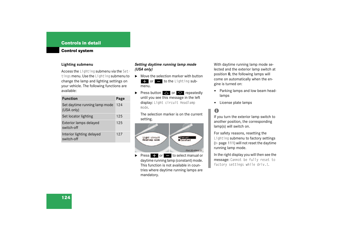 See “setting daytime running lamp mode (usa only) | Mercedes-Benz 2003 SL 55 AMG User Manual | Page 124 / 376