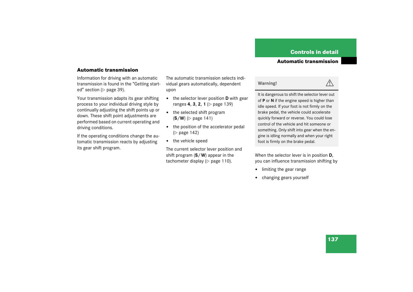 Automatic transmission | Mercedes-Benz 2003 SL 55 AMG User Manual | Page 137 / 376