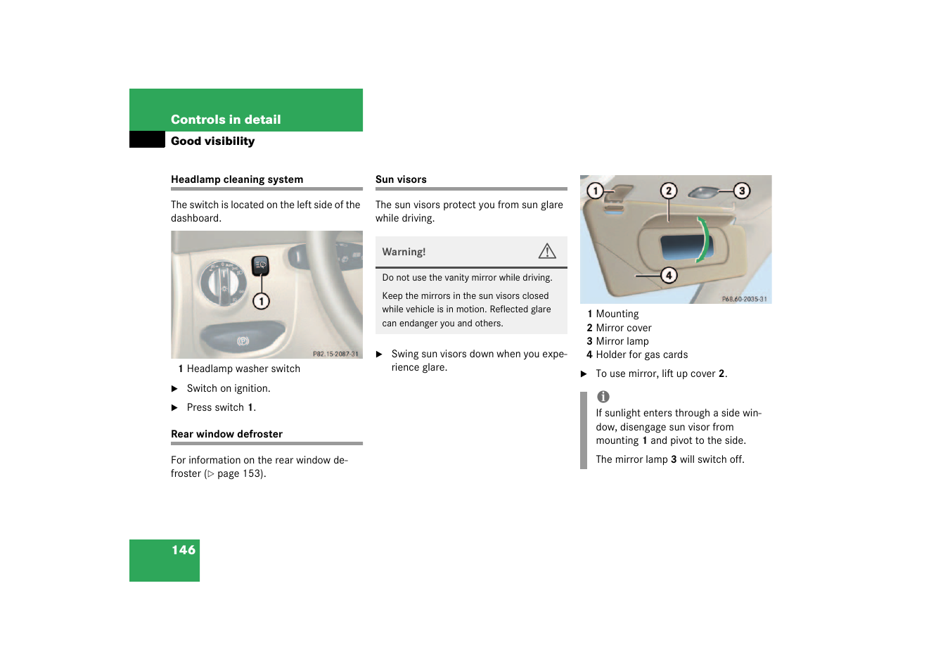 Rear window defroster, Sun visors | Mercedes-Benz 2003 SL 55 AMG User Manual | Page 146 / 376
