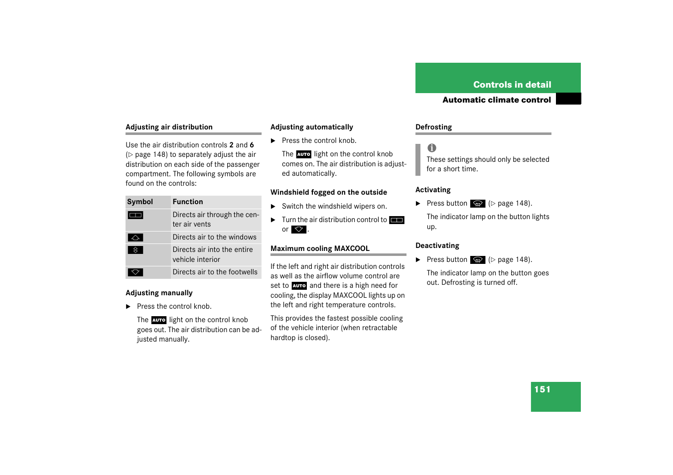 Adjusting:air distribution, Maximum cooling maxcool, Defrosting | Mercedes-Benz 2003 SL 55 AMG User Manual | Page 151 / 376