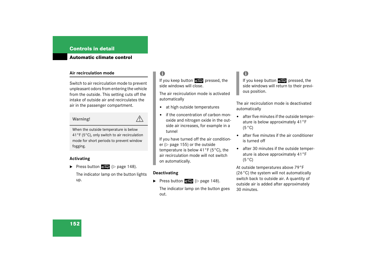 Air recirculation mode | Mercedes-Benz 2003 SL 55 AMG User Manual | Page 152 / 376