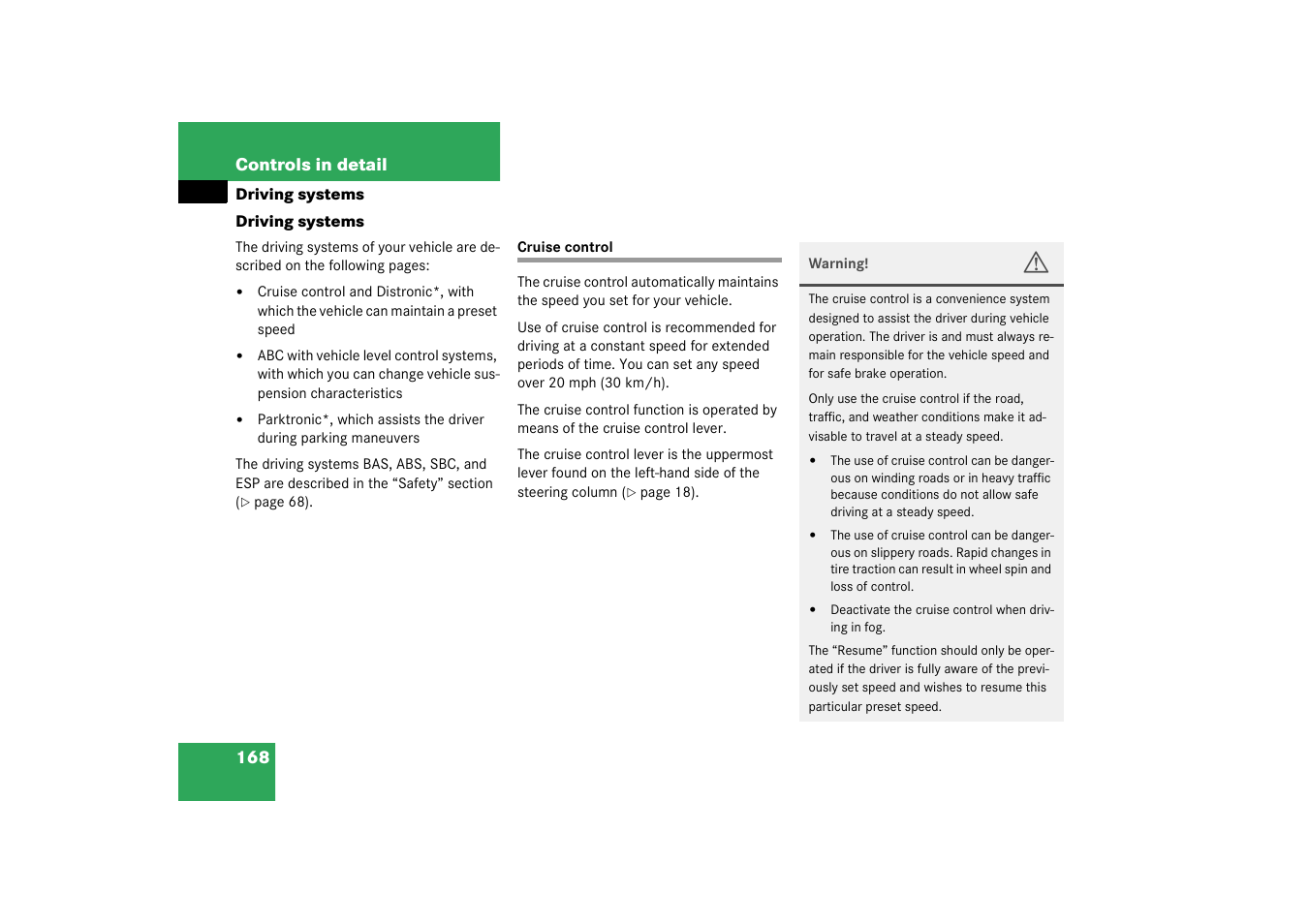 Driving systems, Cruise control | Mercedes-Benz 2003 SL 55 AMG User Manual | Page 168 / 376