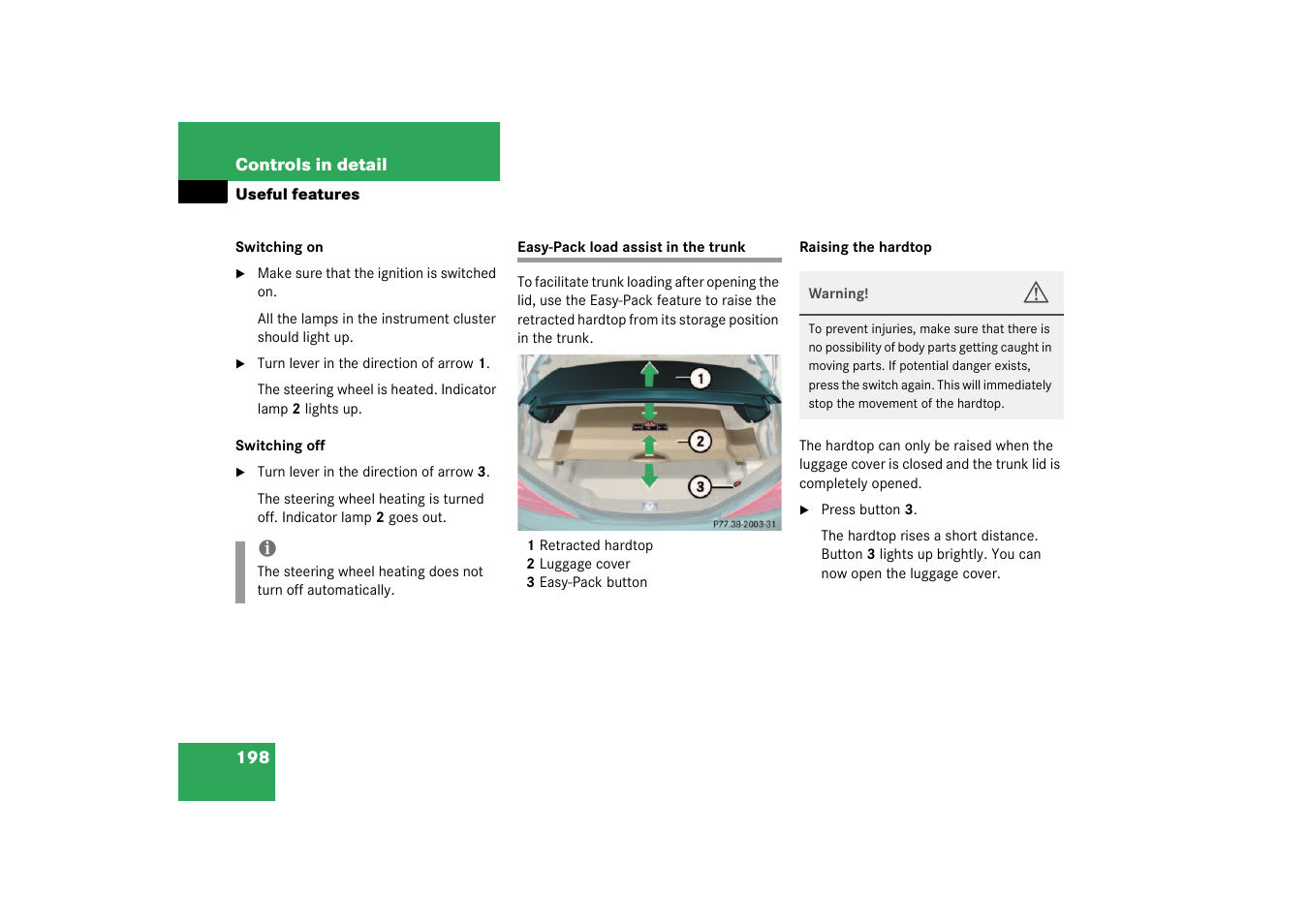 Trunk:easy-pack load assist;easy-pack, Easy-pack load assist in the trunk 198 | Mercedes-Benz 2003 SL 55 AMG User Manual | Page 198 / 376